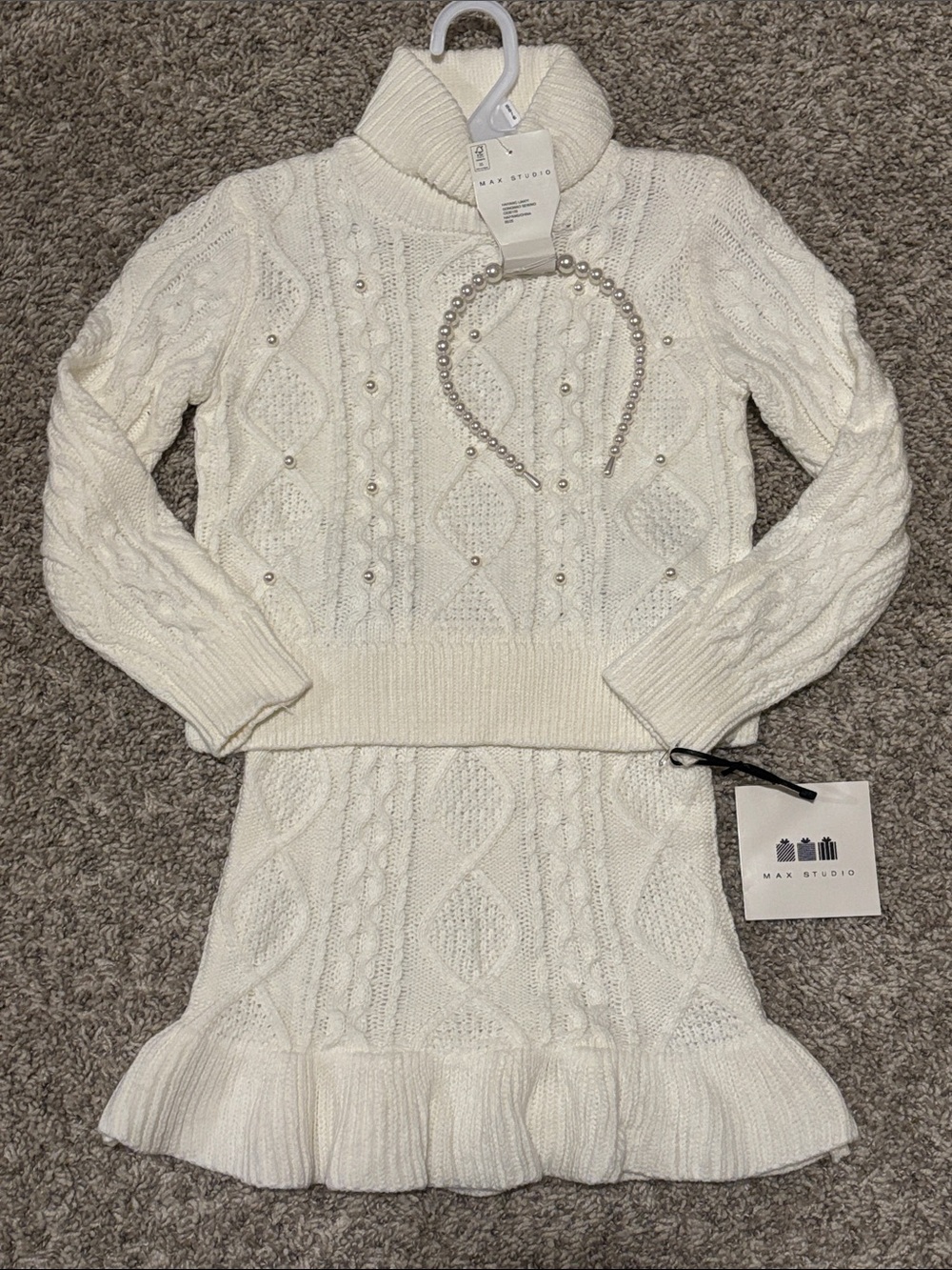 NWT Max Studio Cream Cable-Knit Sweater and Skirt with Pearl Accents 5 6